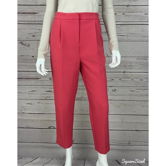 TOPSHOP Cropped Front Pleat Notch Hem Coral Red Trousers Dress Pants - Picture 3 of 4